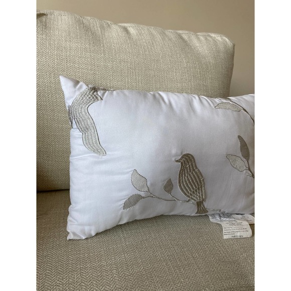 White lumbar throw pillow with gray embroidered birds, 8 inches X 14 inches - Picture 6 of 8